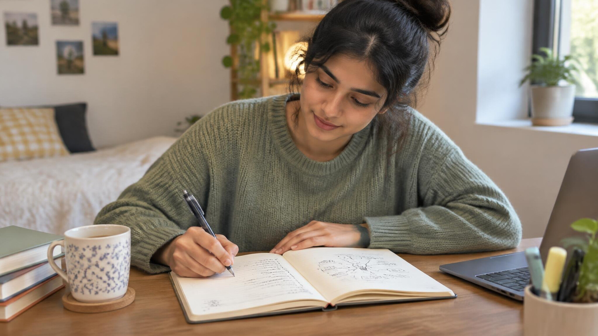 woman writing notes in journal