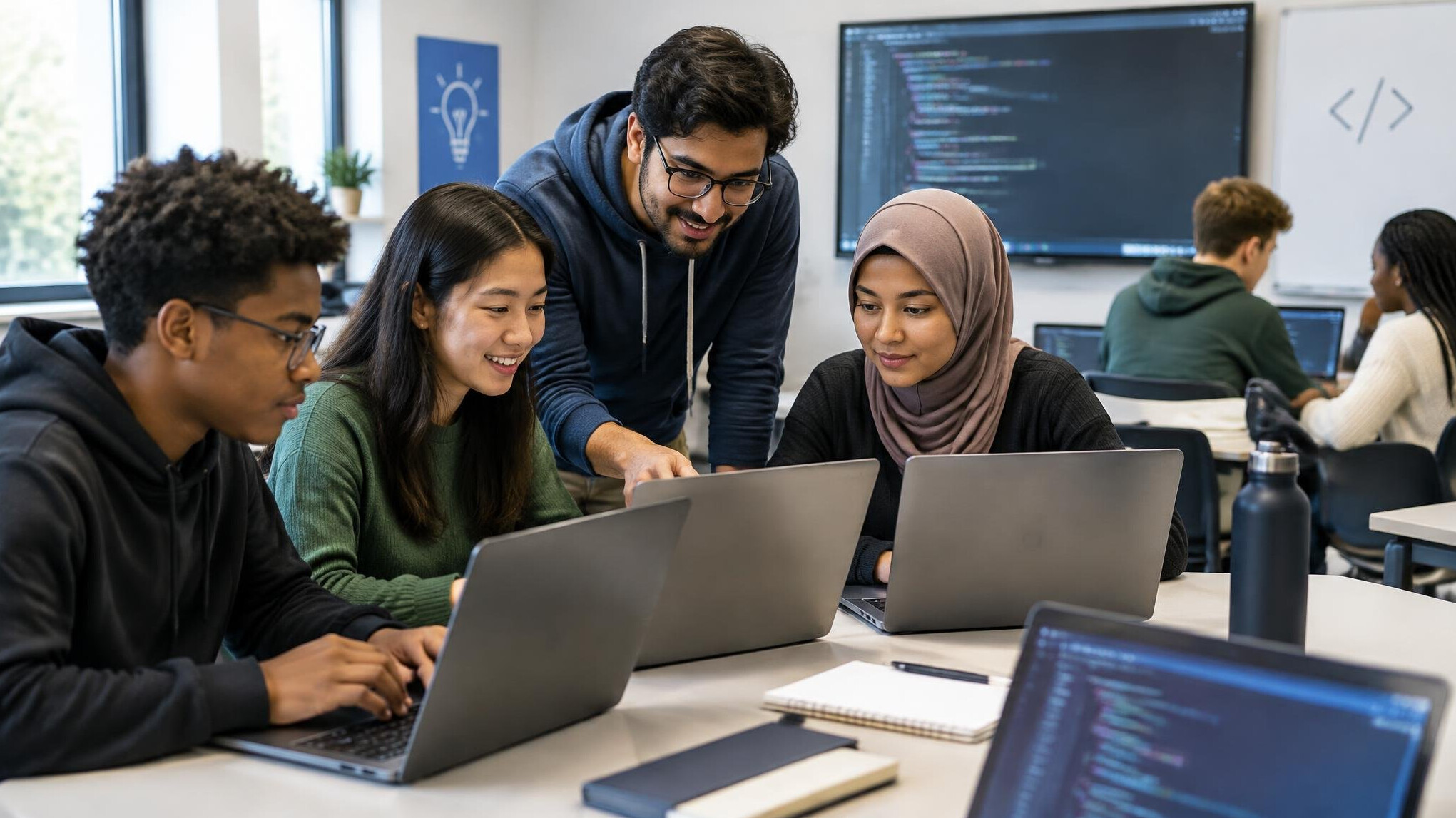 diverse students learning coding