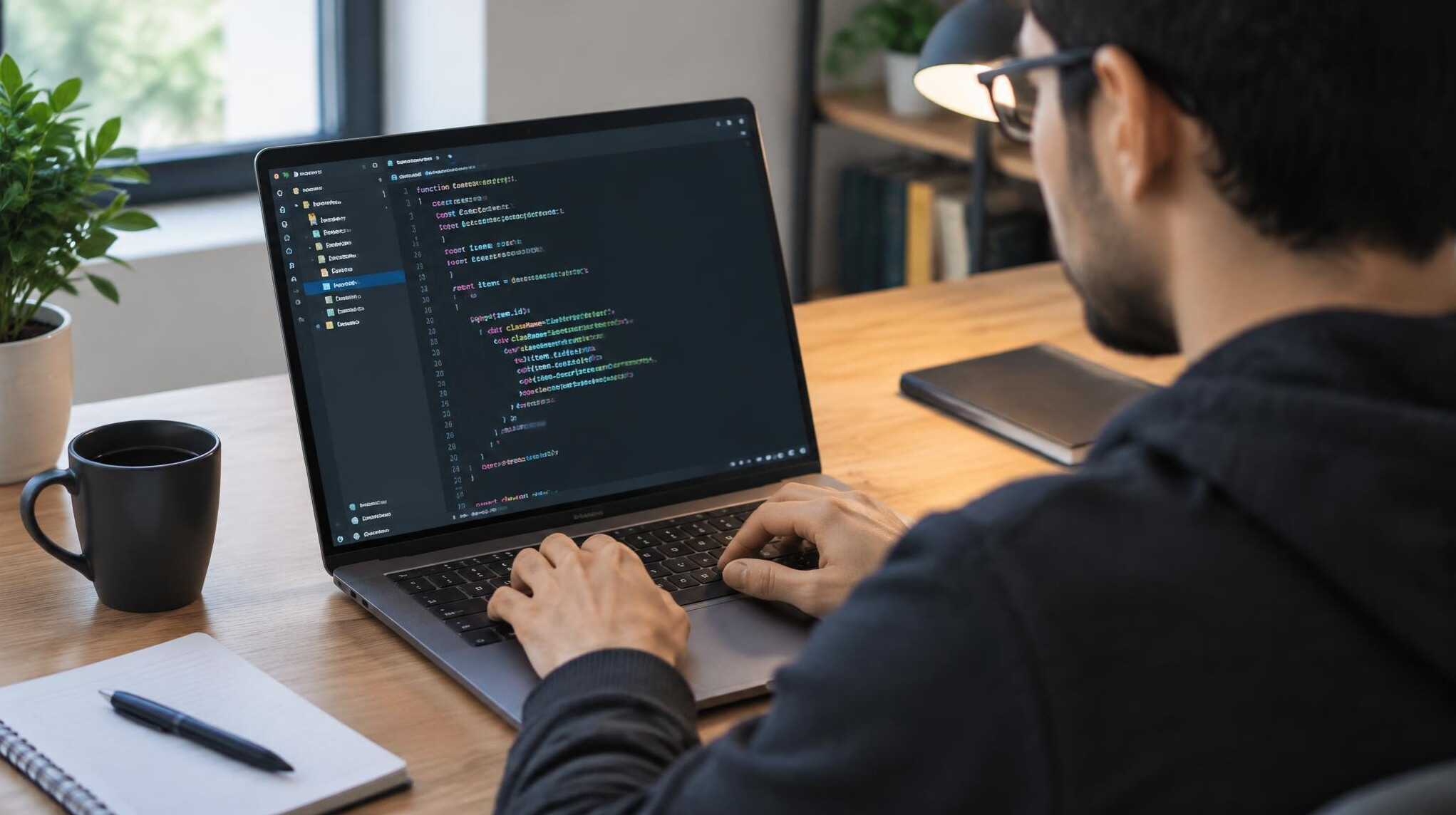 person coding on laptop at desk