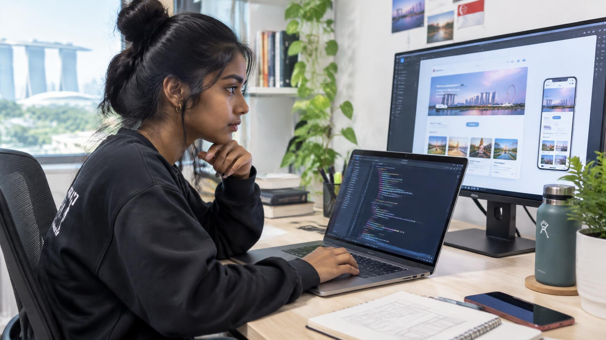 Student building a website with code and design mockups on screen
