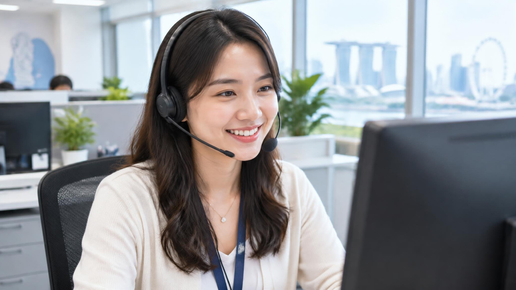 Friendly support staff member on a headset helping a customer