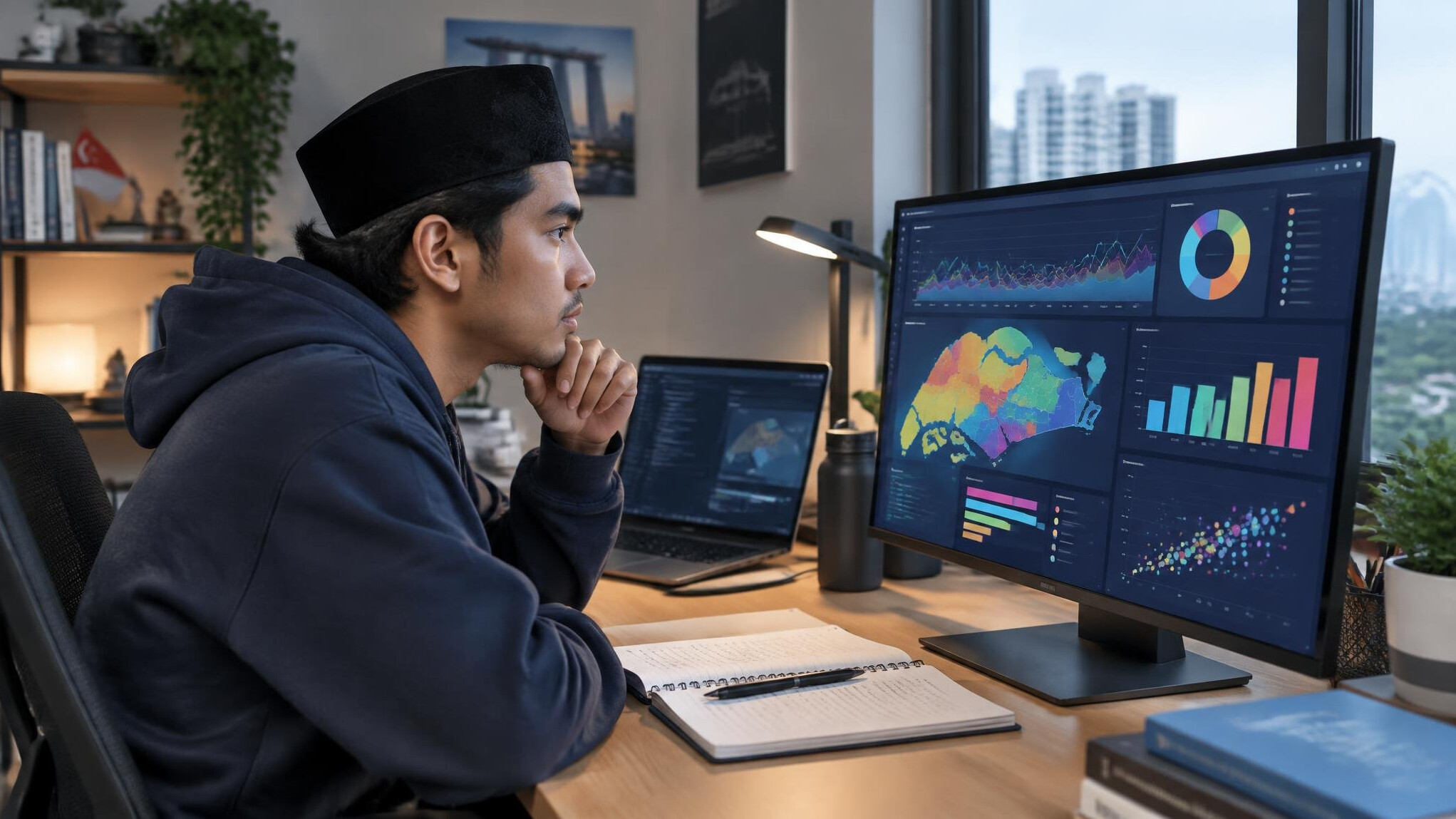 Student analyzing a dashboard of data visualizations on a monitor