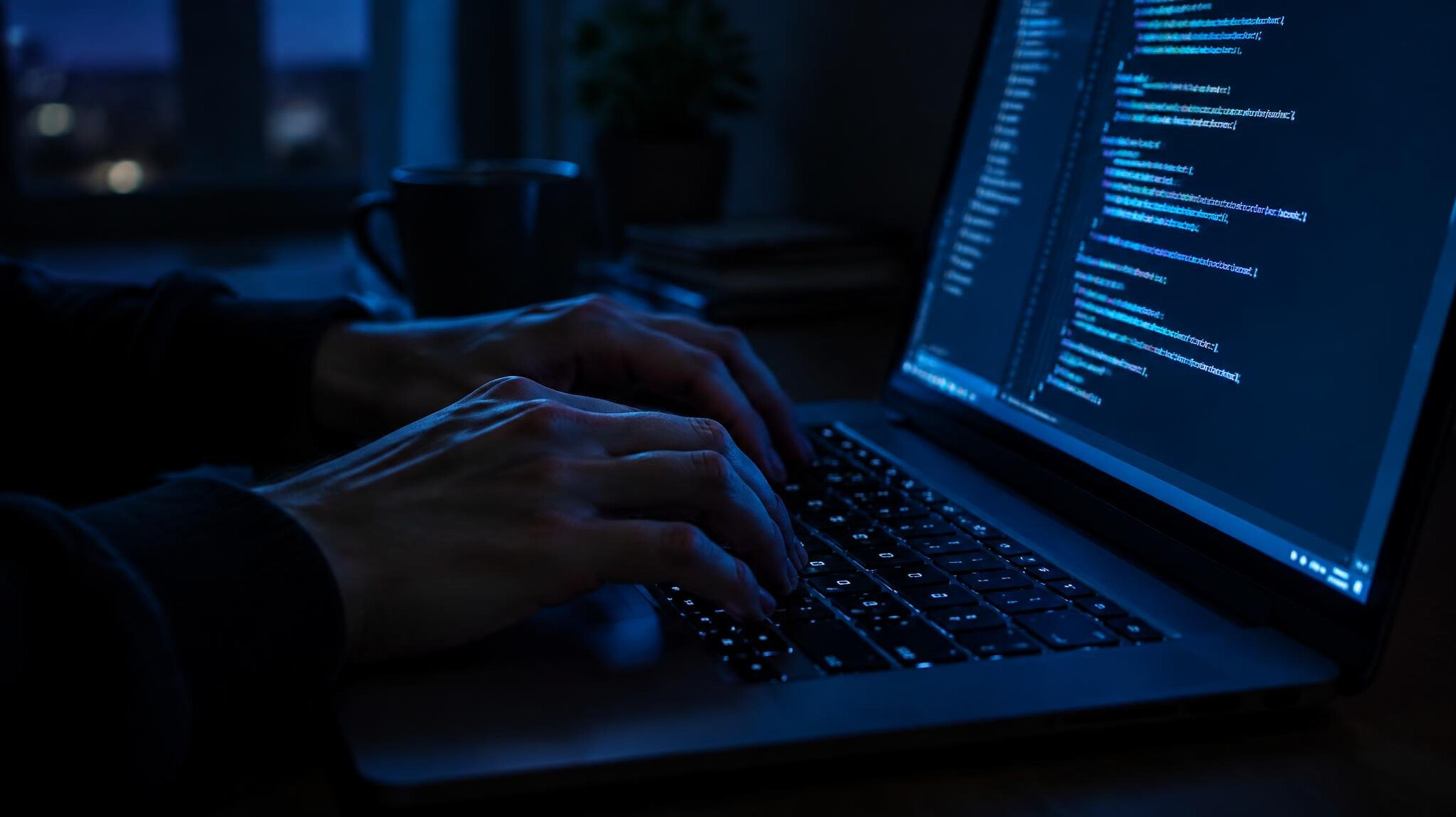 Close up of hands typing on a laptop keyboard with code on screen at night