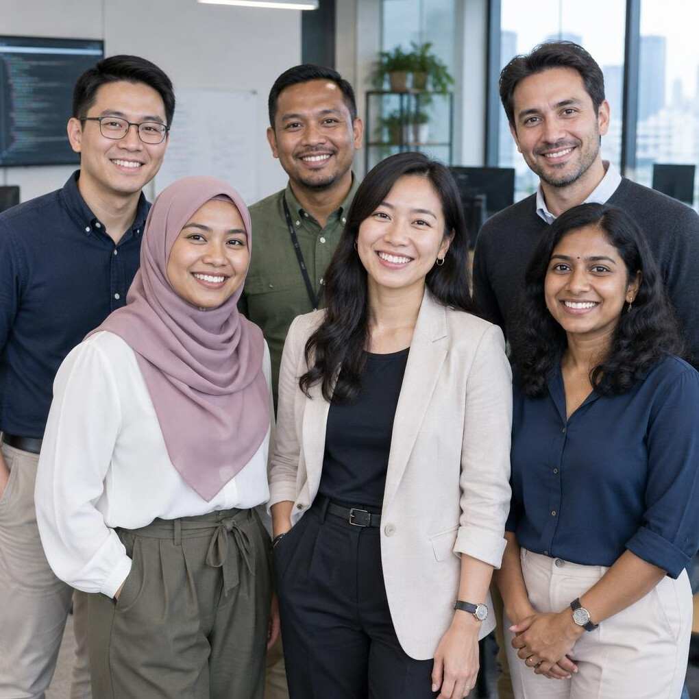 Team of programming instructors standing together in an office