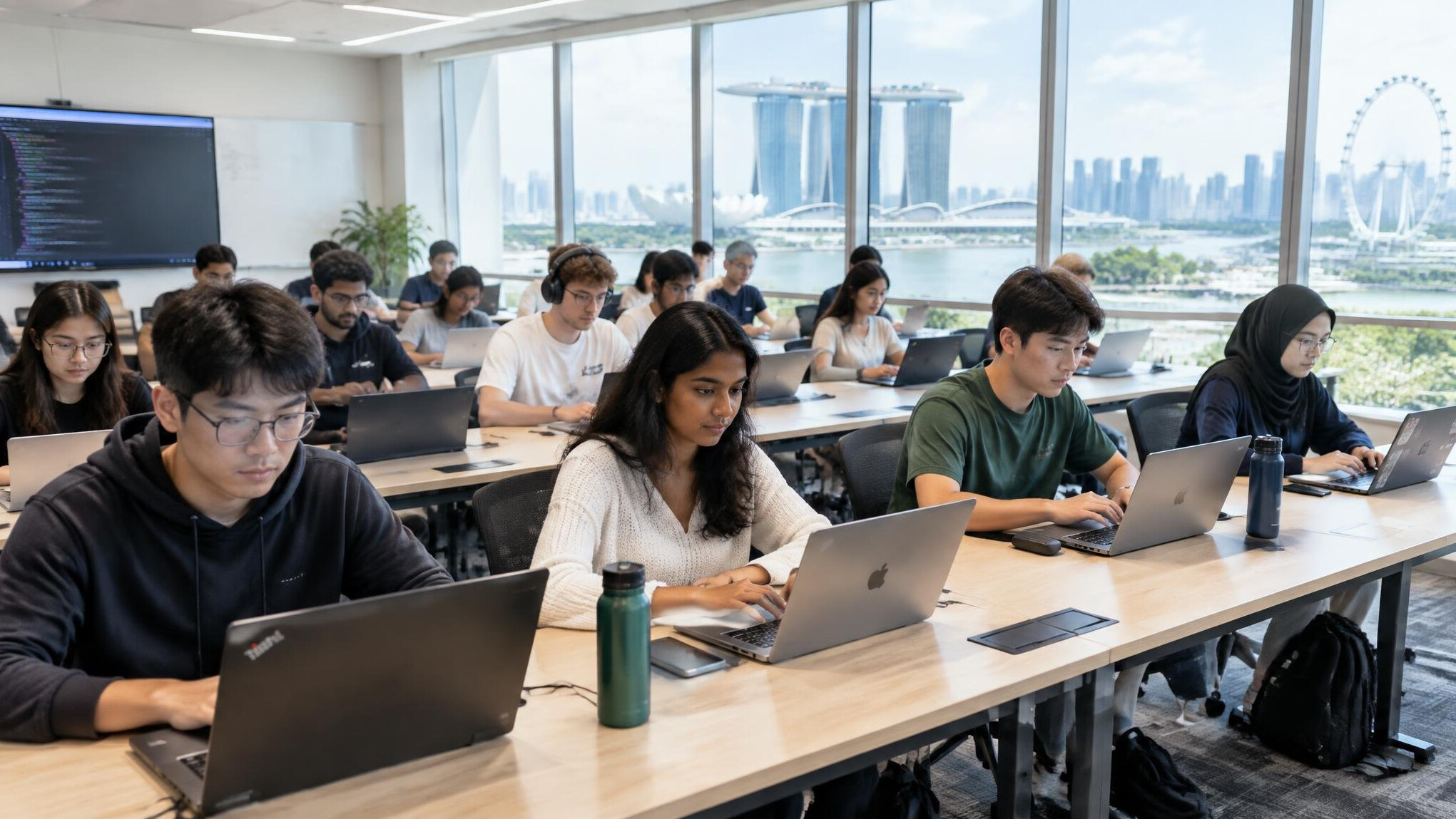 Wide view of a modern coding classroom with students at laptops