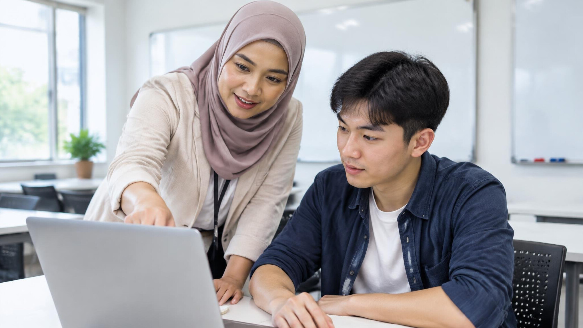Mentor pointing at a laptop screen guiding a student through code