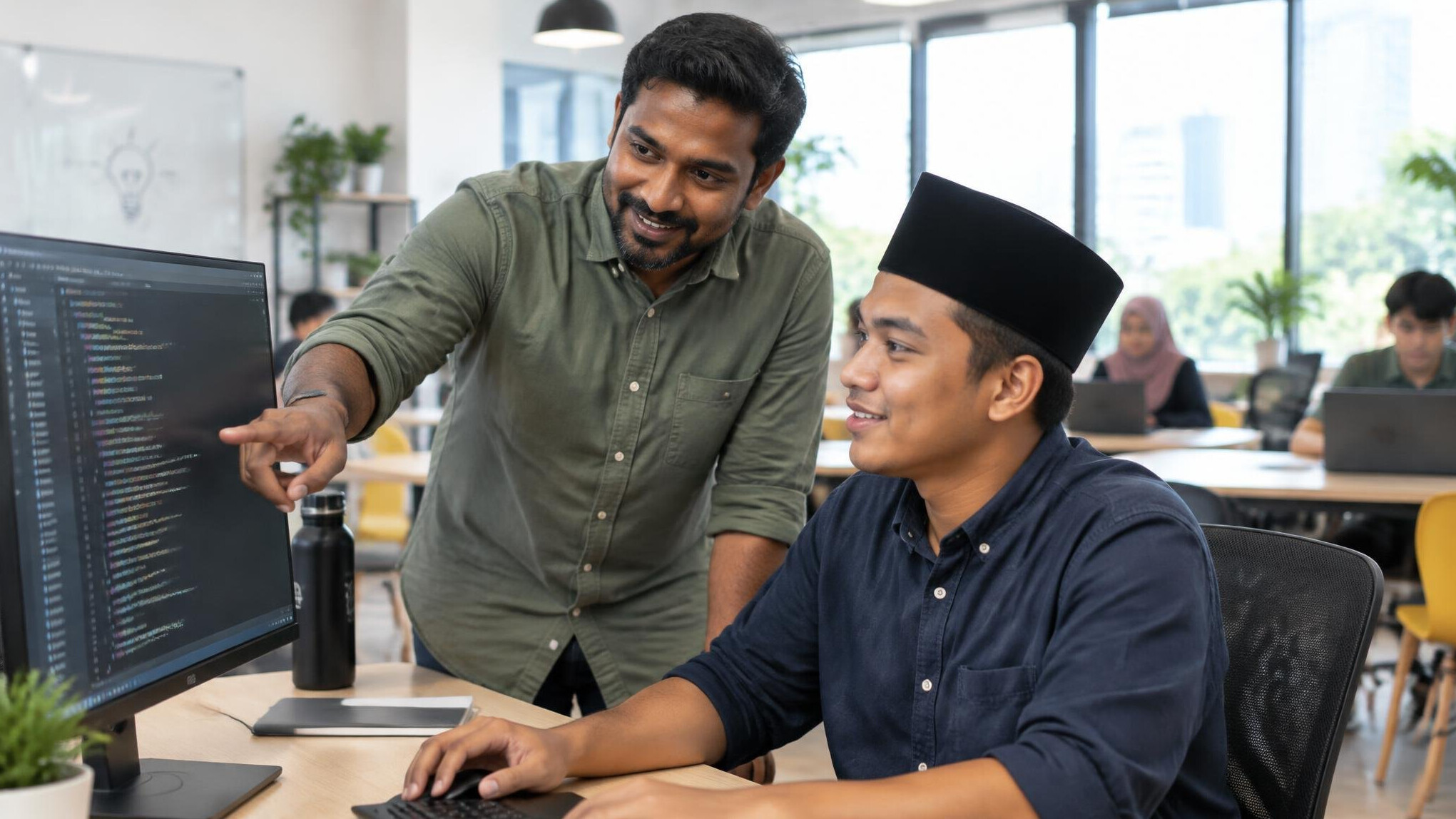 Instructor reviewing code with a student on dual monitors