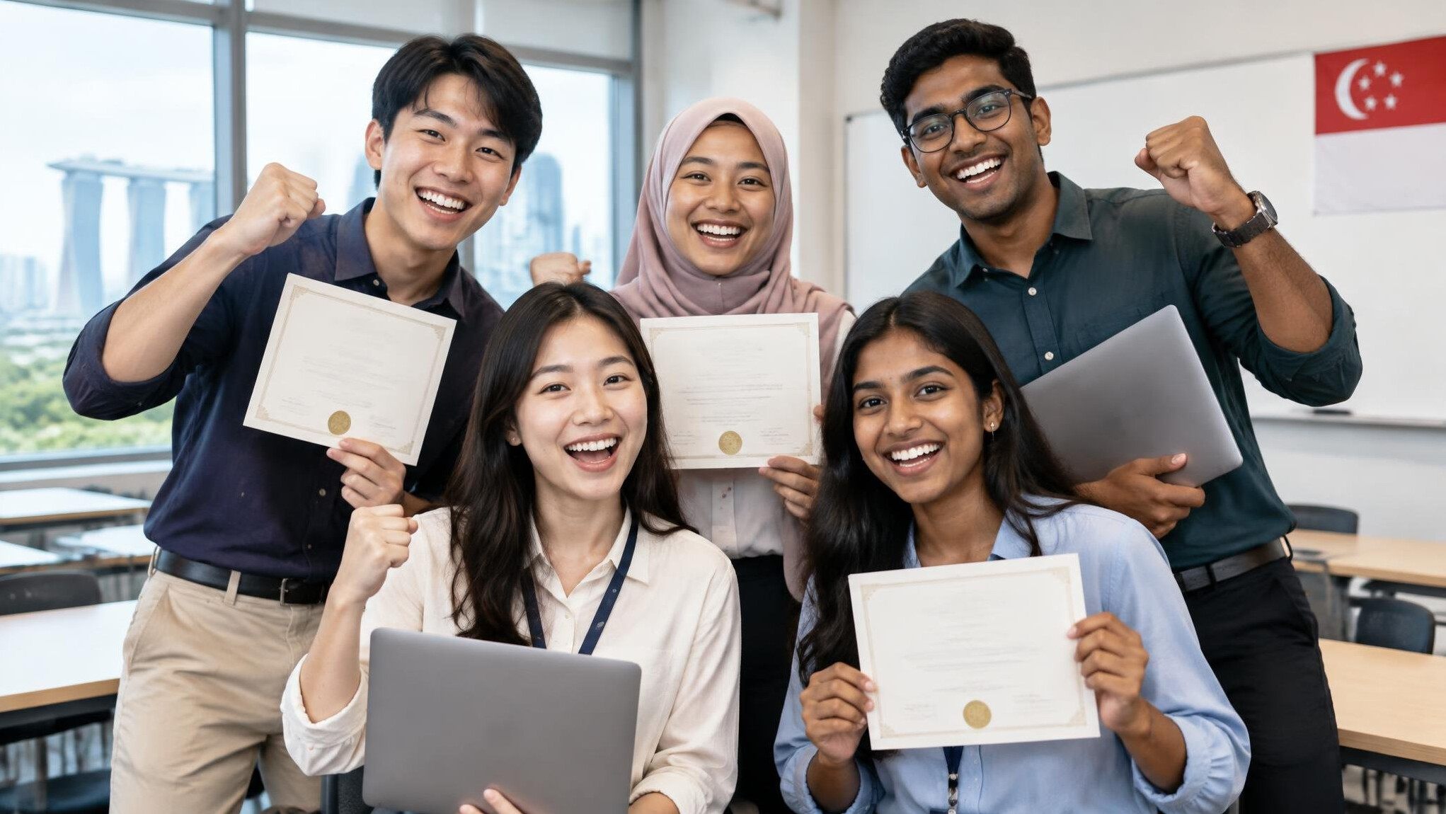 Group of graduates celebrating with laptops and certificates