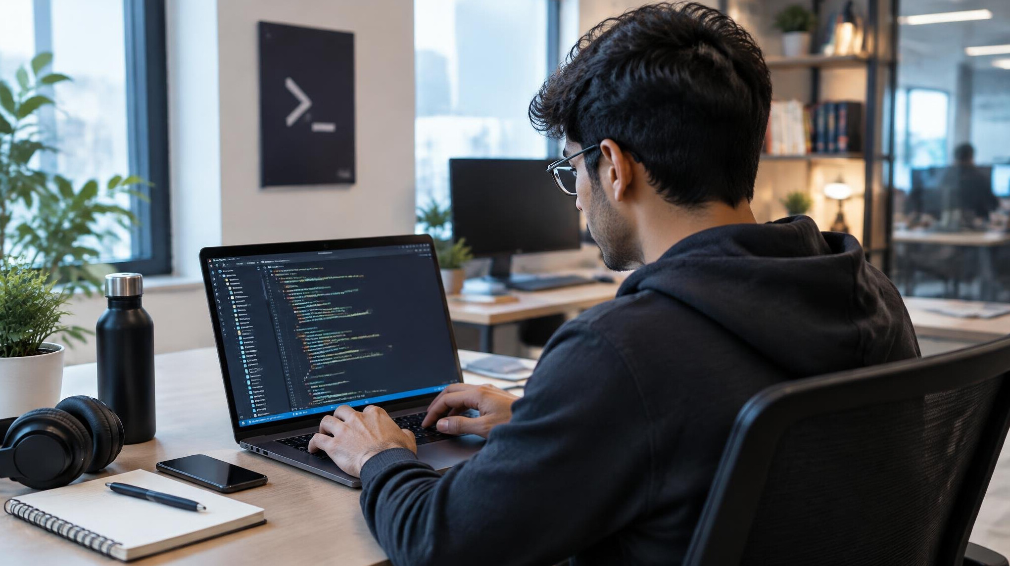 programmer coding on laptop