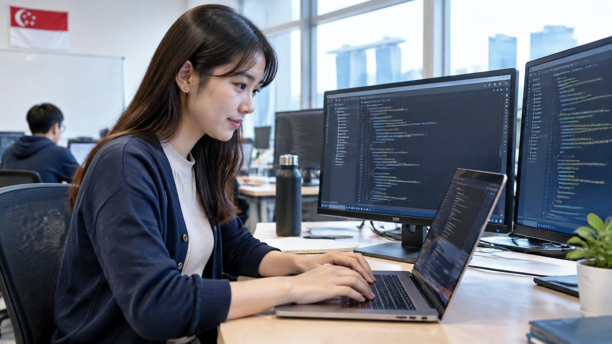 Young woman coding on a laptop in a modern classroom